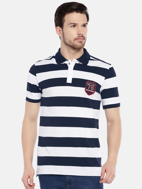 

Jockey Men Navy Blue & White Striped Polo Collar T-shirt