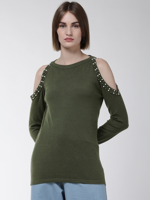 

Fort Collins Women Olive Green Solid Cold-Shoulder Acrylic Sweater