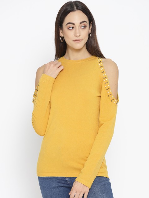 

Fort Collins Women Mustard Yellow Cold-Shoulder Solid Acrylic Sweater