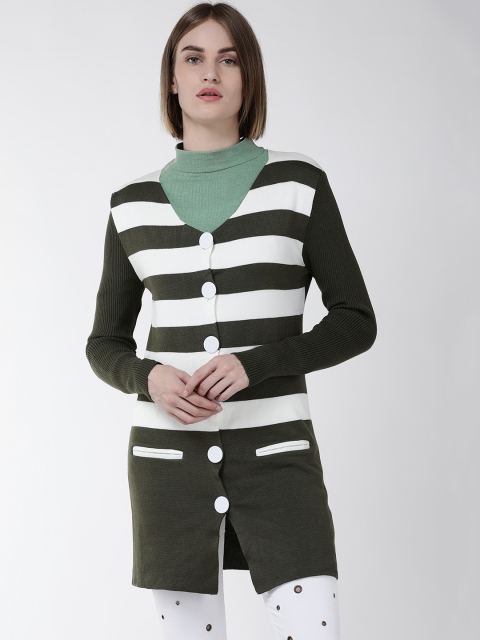 

Fort Collins Women Olive Green & Off-White Striped Acrylic Cardigan