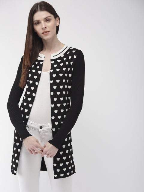 

Fort Collins Women Black & White Self Design Longline Open Front Sweater