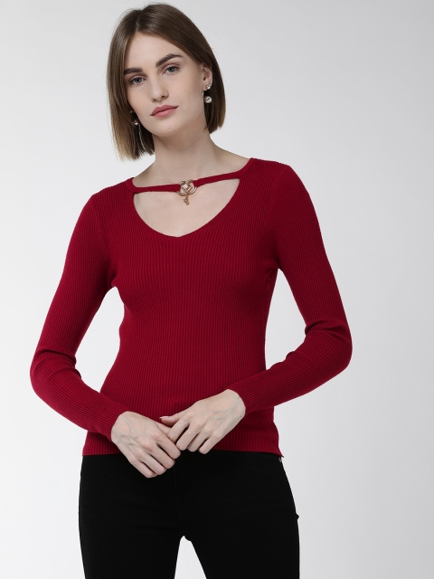 

Fort Collins Women Maroon Ribbed Sweater with Cut-Out