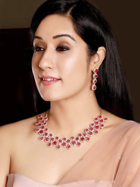 

Rubans Women Gold-Plated Red Stone Studded Handcrafted Statement Necklace Set