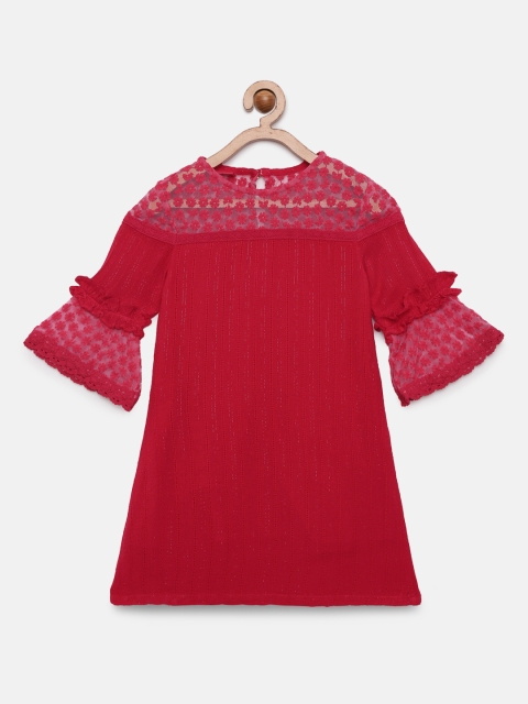 

UFO Girls Self Design Red & Pink A-Line Dress