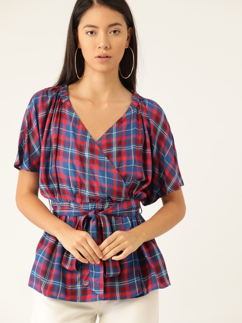 

United Colors of Benetton Women Blue & Red Checked Wrap Top with Belt