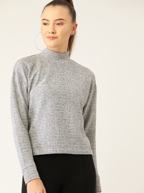 

United Colors of Benetton Women Grey Melange Self-Striped Winter Top