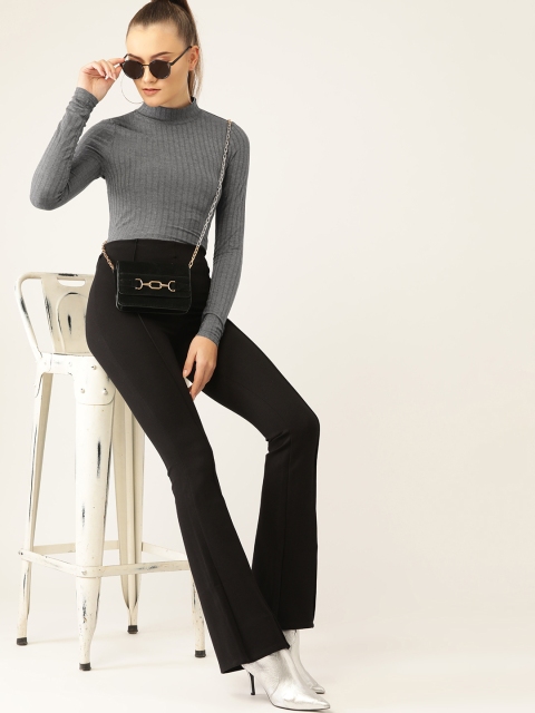 

United Colors of Benetton Women Charcoal Grey Ribbed Fitted Winter Top