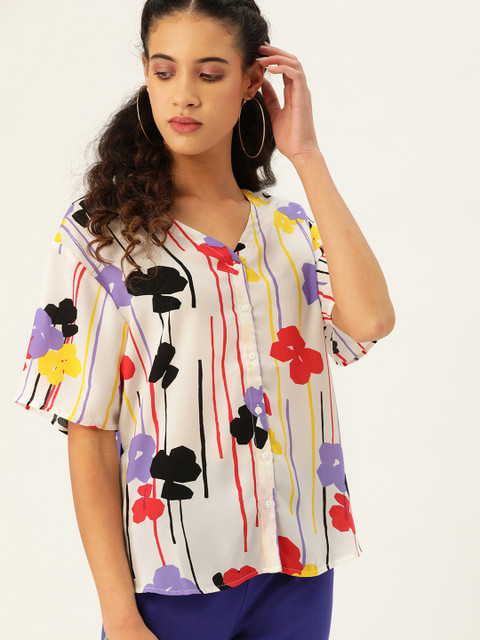 

United Colors of Benetton Women White & Navy Blue Printed Top