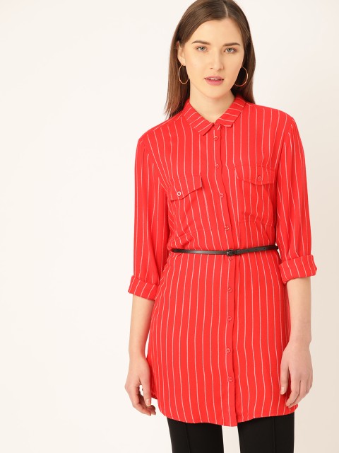 

United Colors of Benetton Women Red & White Regular Fit Striped Casual Longline Shirt