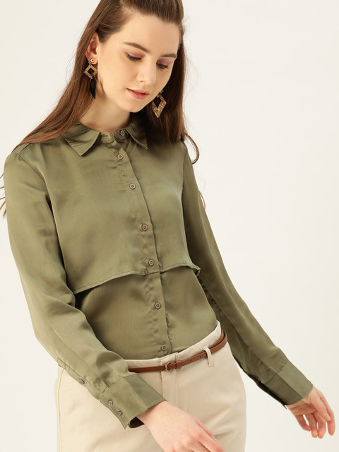 

United Colors of Benetton Women Olive Green Regular Fit Solid Casual Shirt