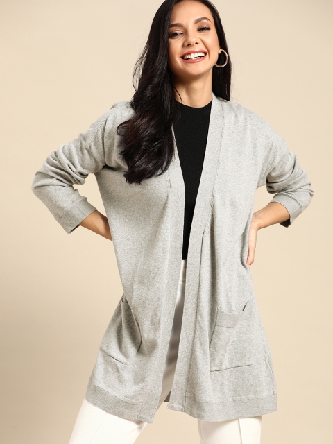 

United Colors of Benetton Women Grey Melange Solid Pure Cotton Front-Open Sweater