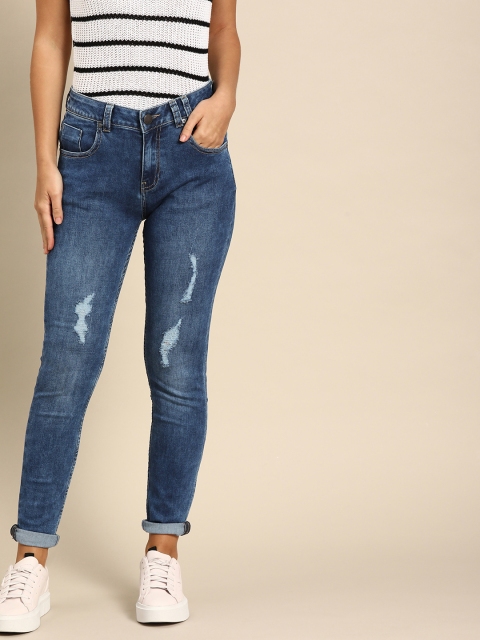 

United Colors of Benetton Women Blue Skinny Fit Mid-Rise Low Distress Stretchable Jeans