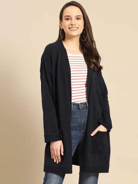 

United Colors of Benetton Women Navy Blue Solid Longline Front-Open Sweater
