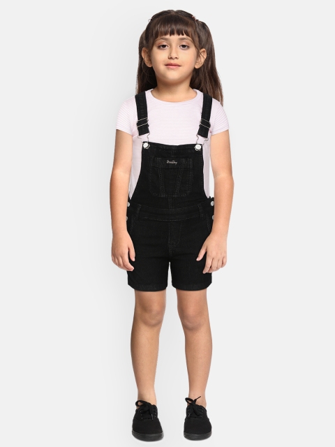 

Gini and Jony Girls Black Solid Cotton Denim Dungarees with Striped T-shirt