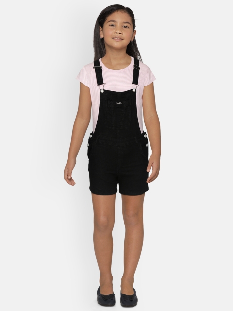 

Gini and Jony Girls Black Solid Cotton Denim Dungarees with Striped T-shirt