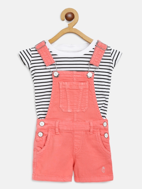 

Gini & Jony Infant Girls Coral Pink Solid Cotton Dungarees with Striped T-shirt