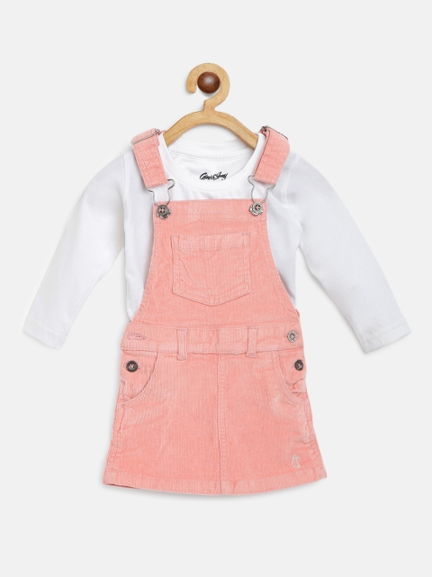 

Gini and Jony Infant Girls Peach-Coloured Solid Corduroy Pinafore Dress With T-shirt