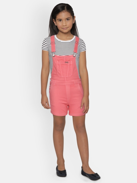

Gini & Jony Girls Coral Pink Solid Cotton Dungarees with Striped T-shirt