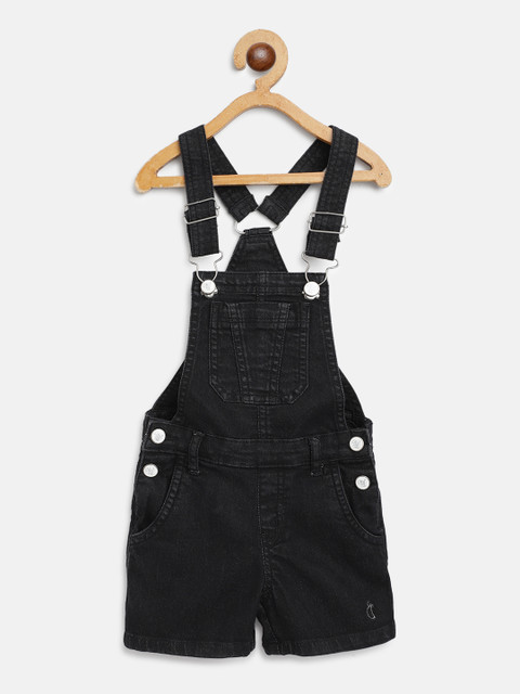 

Gini and Jony Infant Girls Black Solid Cotton Denim Dungarees