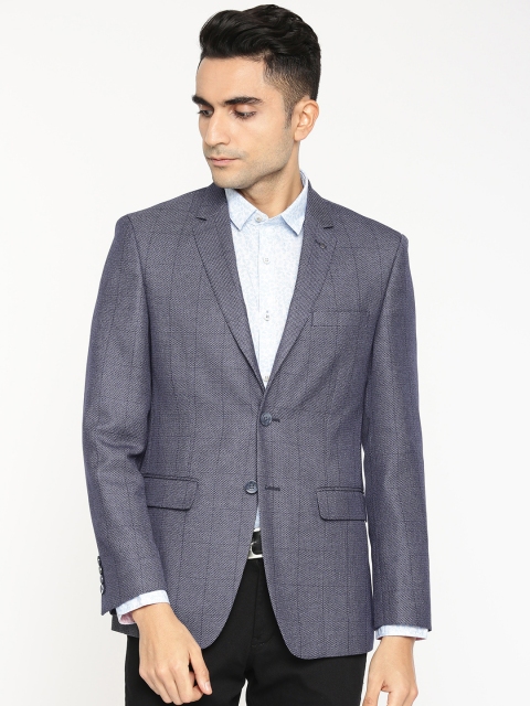 

Louis Philippe Men Navy Blue & White Checked Slim Fit Single-Breasted Casual Blazer