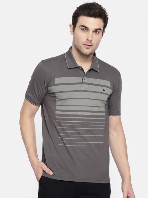 

Louis Philippe Men Charcoal Grey Striped Polo Collar T-shirt