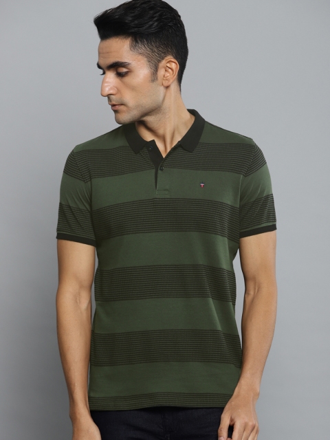 

Louis Philippe Jeans Men Olive Green & Black Striped Slim Fit Polo Collar T-shirt