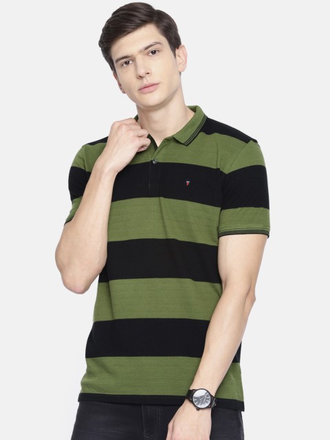 

Louis Philippe Sport Men Olive Green & Black Slim Fit Striped Polo Collar T-shirt