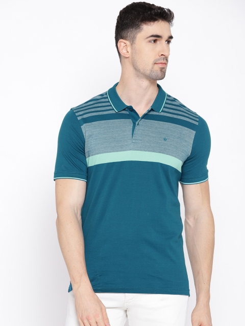 

Louis Philippe Golf Leisure Men Teal Blue Striped Polo Collar T-shirt
