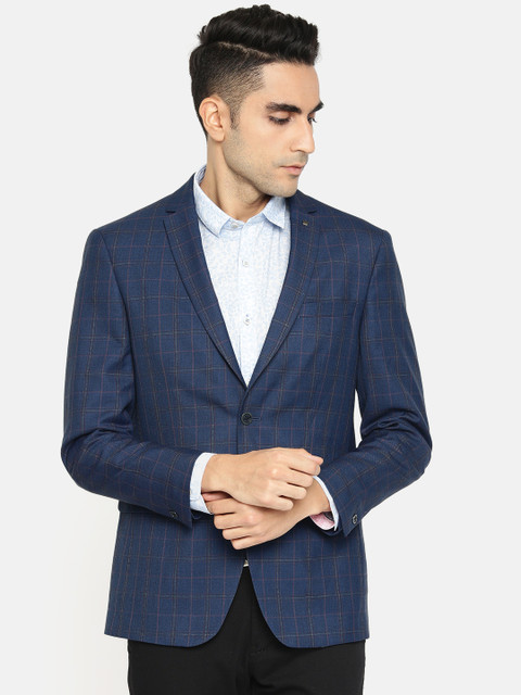 

Louis Philippe Men Navy Blue & Maroon Checked Slim Fit Single-Breasted Formal Blazer
