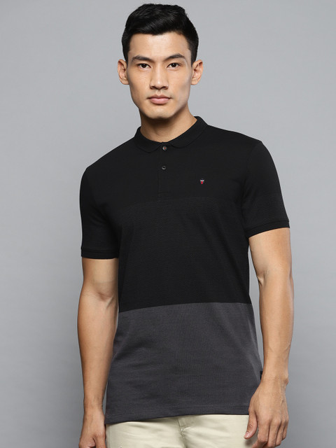 

Louis Philippe Jeans Men Black & Charcoal Grey Colourblocked Polo Collar T-shirt