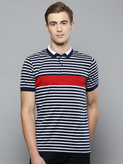 

Louis Philippe Sport Men Navy Blue & White Slim Fit Striped Polo Collar T-shirt