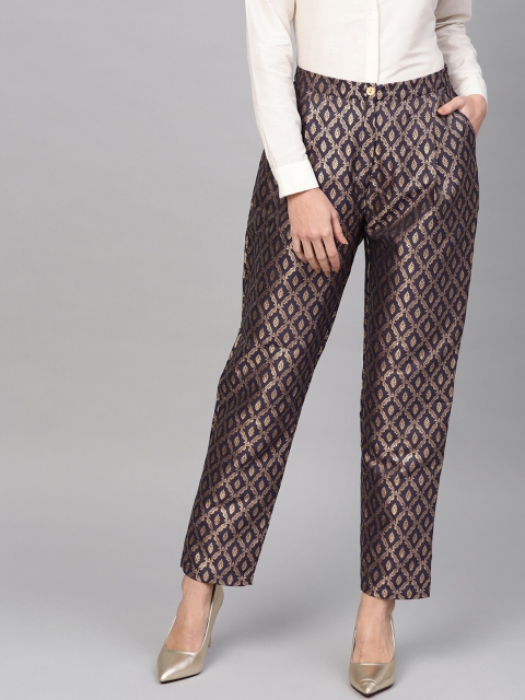 

AKS Women Navy Blue & Golden Tapered Fit Self-Design Regular Trousers