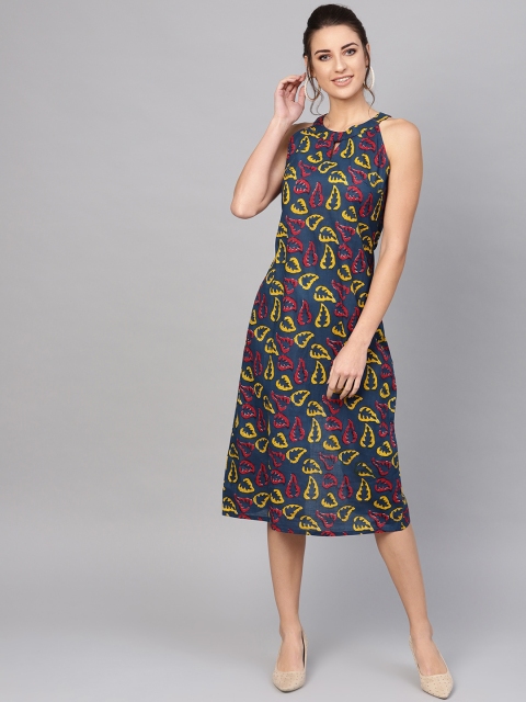 

AKS Women Navy & Red Leaf Print A-Line Dress, Navy blue