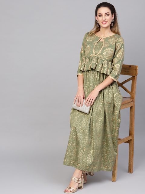 

AKS Women Olive Green & Golden Printed Layered Maxi Dress