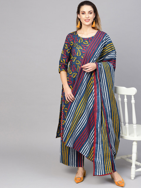 

AKS Women Blue & Red Printed Kurta with Palazzos & Dupatta