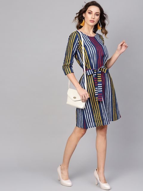 

AKS Women Blue & Yellow Striped A-Line Dress