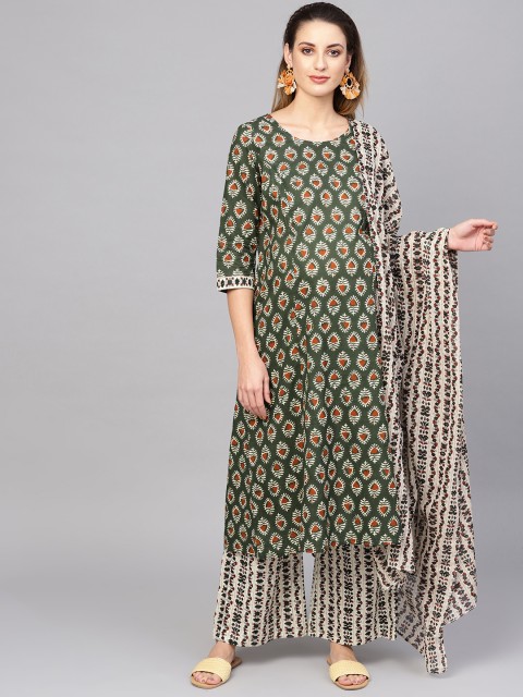 

AKS Women Olive Green & Cream-Coloured Printed Maternity Kurta with Palazzos & Dupatta