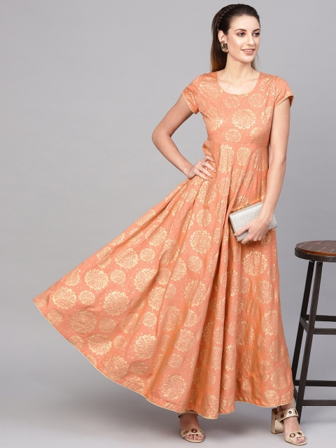 

AKS Women Peach-Coloured & Golden Printed Maxi Dress