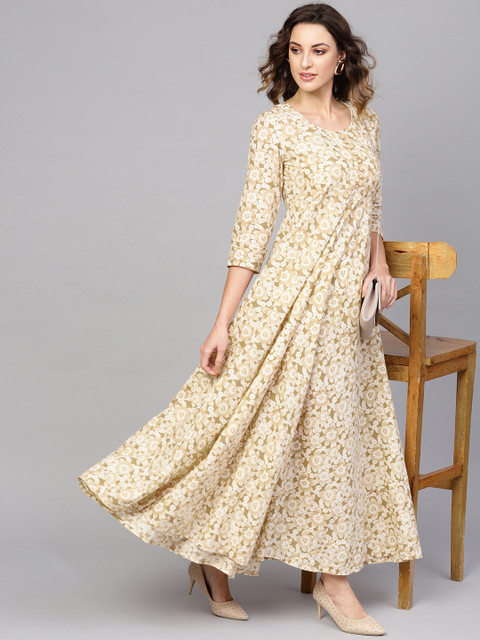 

AKS Women Off-White & Beige Floral Print Maxi Dress