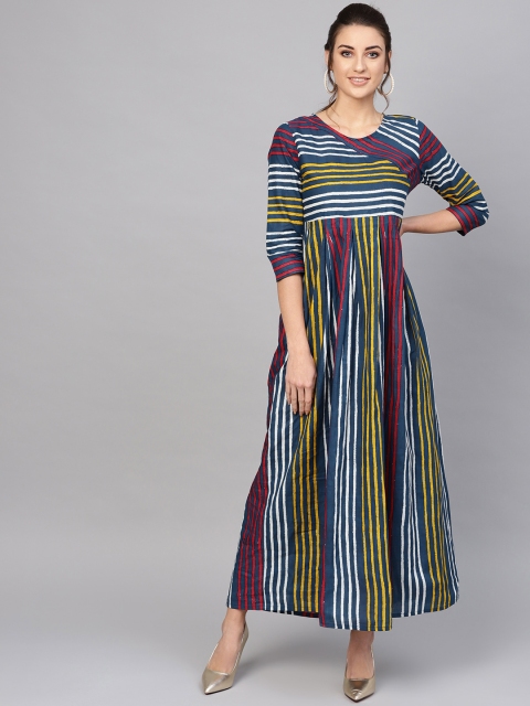 

AKS Women Navy & Mustard Yellow Striped Maxi Dress, Navy blue