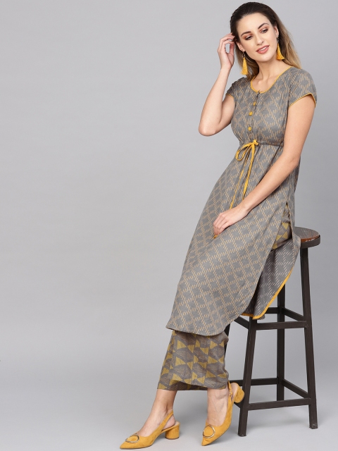 

AKS Women Grey & Mustard Yellow Printed Kurta with Palazzos