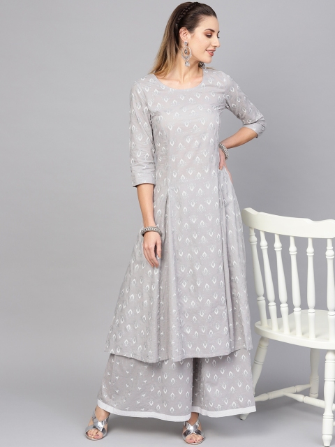 

AKS Women Grey & White Khari Print Kurta with Palazzos