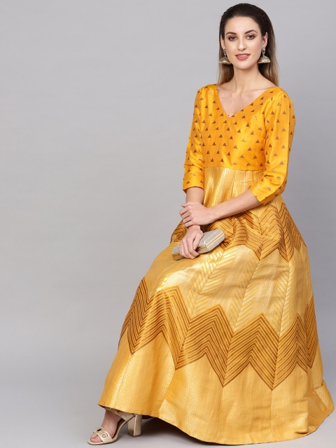 

AKS Women Mustard Yellow & Golden Jacquard Patterned Brocade Maxi Dress