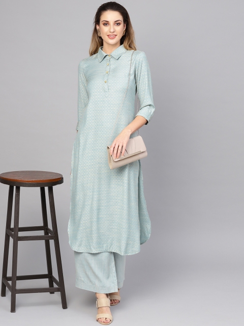 

AKS Women Blue & Golden Self Design Pathani Kurta