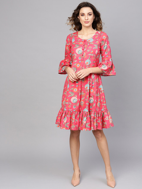 

AKS Women Pink & Green Printed A-Line Dress