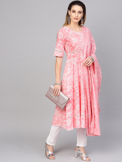

AKS Women Pink & White Khari Print Kurta with Trousers & Dupatta