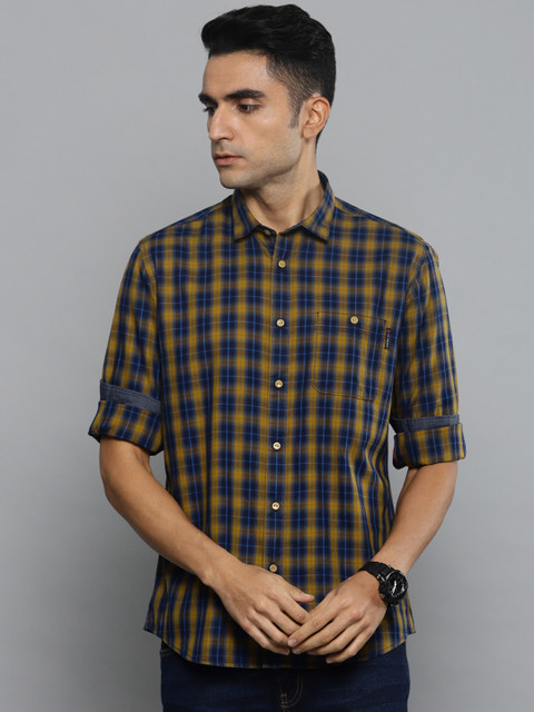 

Louis Philippe Jeans Men Mustard Yellow & Navy Blue Slim Fit Checked Casual Shirt
