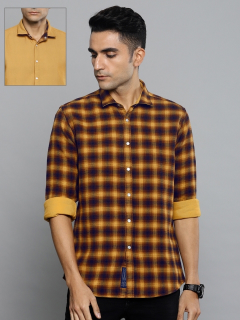 

Louis Philippe Jeans Men Mustard Yellow & Navy Blue Reversible Slim Fit Checked Shirt