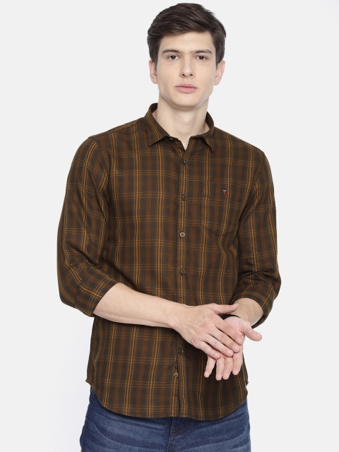 

Louis Philippe Sport Men Brown & Olive Green Super Slim Fit Checked Casual Shirt