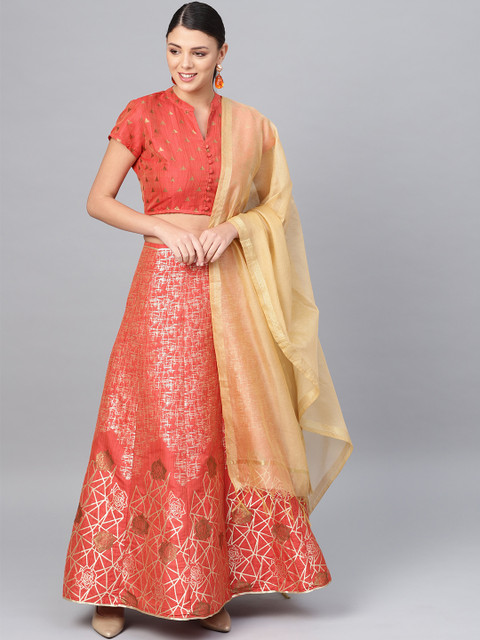 

AKS Rust & Golden Woven Design Ready to Wear Lehenga & Blouse with Dupatta
